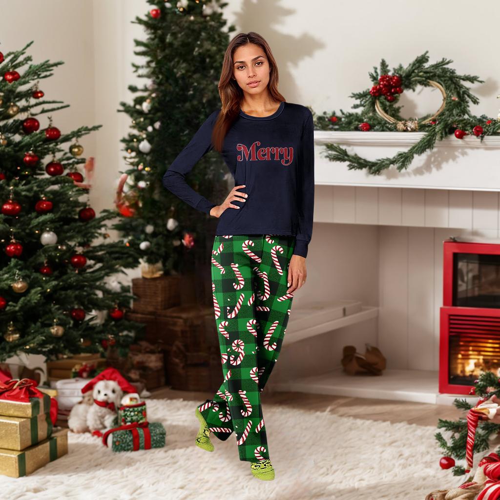 Matching Family Christmas Pajama Set, Round Neck Long Sleeve Top and Pants Loungewear for Parent and Child