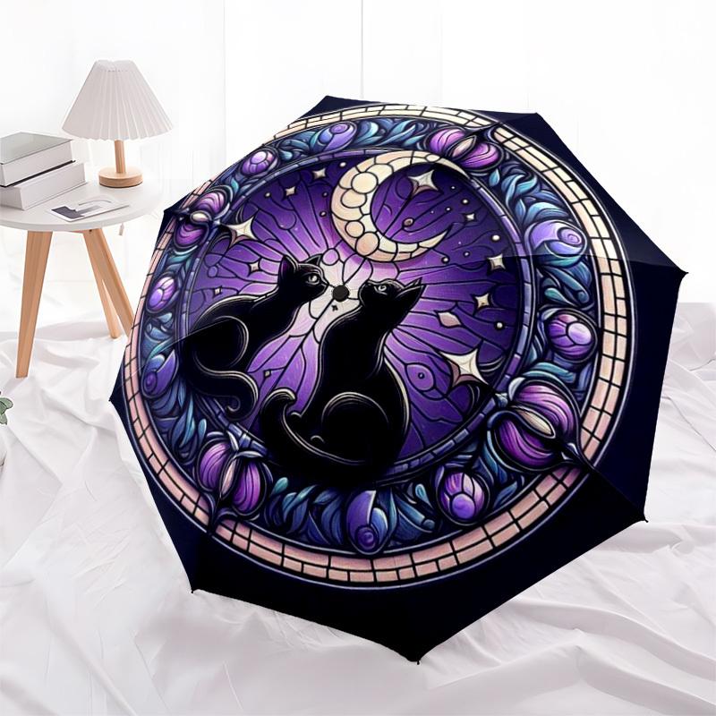 1pc Stained Glass Cats Moon Night Umbrella with Plastic Handle,Suitable for All Seasons Home Travel Outdoor UmbrellaDD063