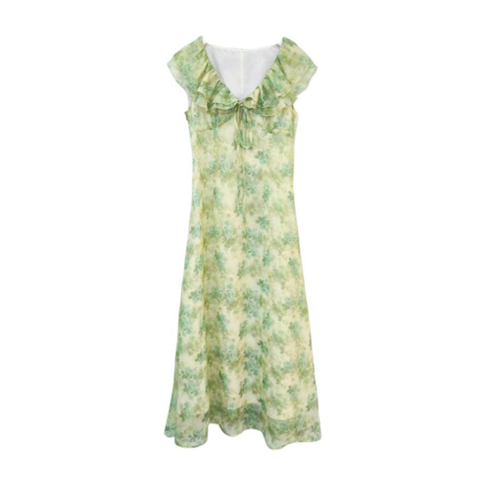 Summer Fresh and Elegant Temperament Floral Dress Casual Lady Gentle Small Flying Sleeves Sweet Skirt Fairy Long Dress