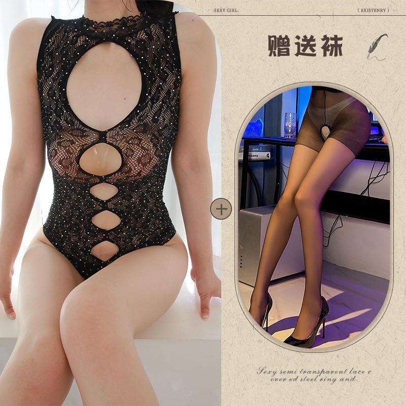 European and American sexy hollow full rhinestone bikini onesie perspective sex underwear women's bright diamond tight body