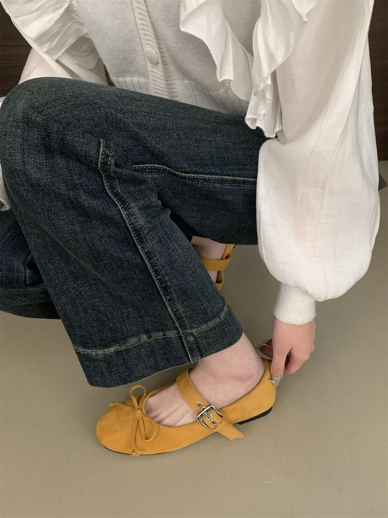 Vintage 2025 autumn shallow mouth single shoes women's new French fairy style ballet bow flat Mary Jane shoes