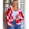 Autumn and Winter New Casual Loose Checkered Contrasting Coarse Needle Cardigan Cute Knitted Sweater Jacket for Women