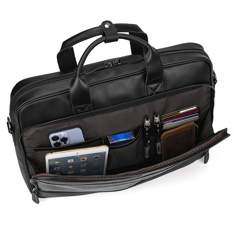 Leather Briefcase 16-Inch Men'S Business Handbag Commuter Shoulder Messenger Bag First Layer Cowhide Black