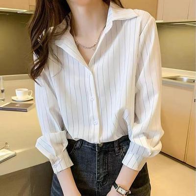 Striped Chiffon Blouse Women's  New Offical Long-sleeved Shirt Casual Polo Women's Shirt
