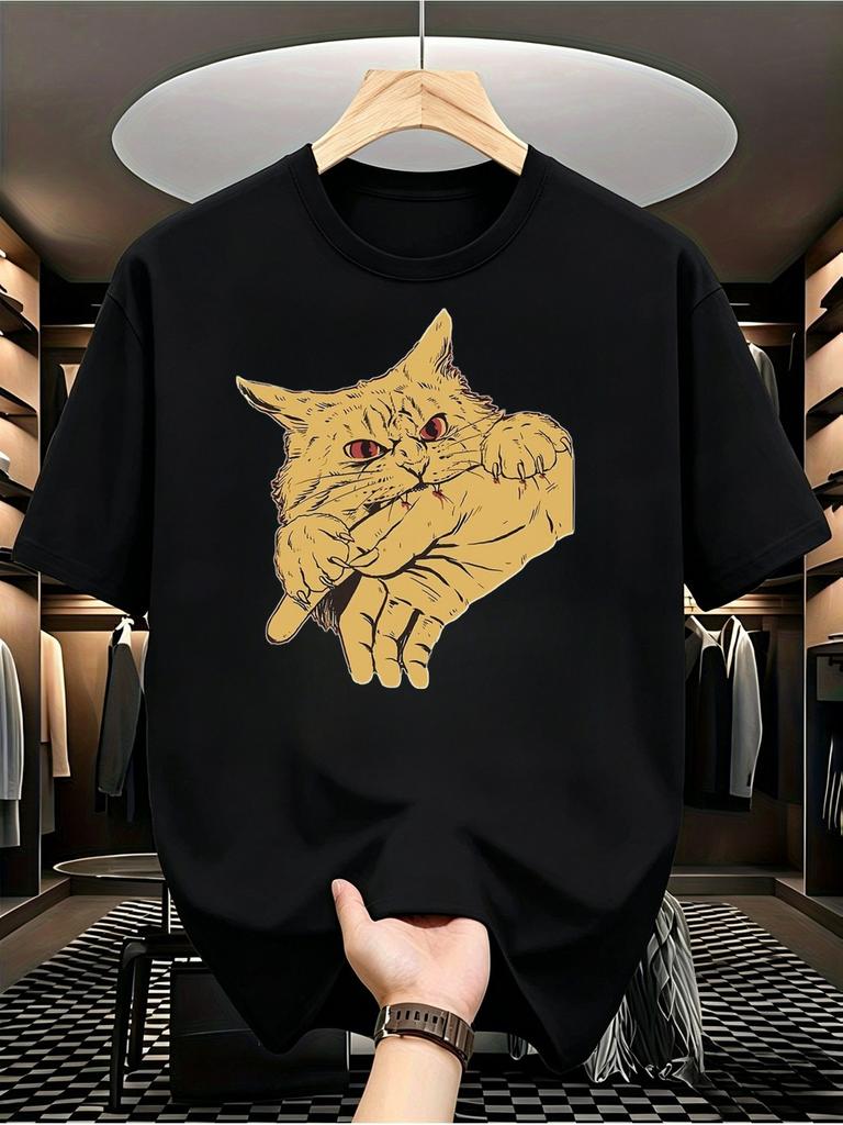1pc Mens Graphic T Shirt Funny Cat Biting Hand Short Sleeve Crew Neck