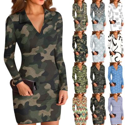 Women's V-neck Casual Print Long-sleeved Fitted Dress