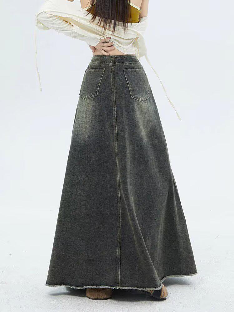 

Джинсовая миди-юбка большого размера в корейском ретро-стиле - расклешенная юбка А-силуэта для женщин, весенне-осенняя мода S: Height 155-165CM (75-90 jin)