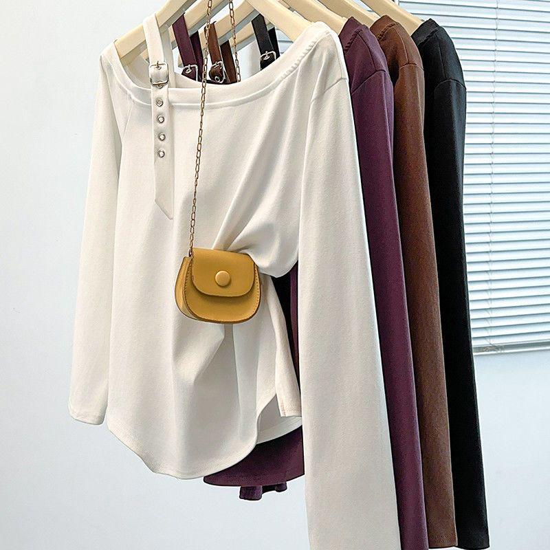 Plus Size Irregular One-Shoulder Long-Sleeve T-Shirt - Women's New Loose Slimming Top for Spring and Autumn