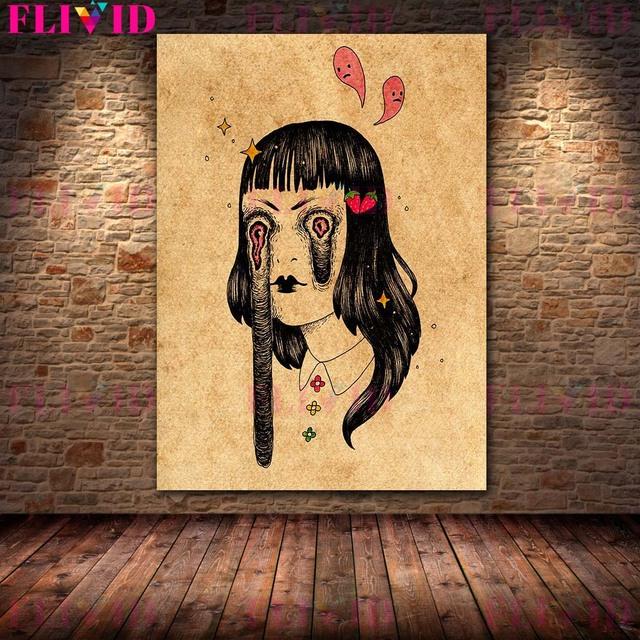 Strawberry Ghost and Scary Girl Retro Wall Art Oil Painting Scary Little Witch Portrait Art Poster