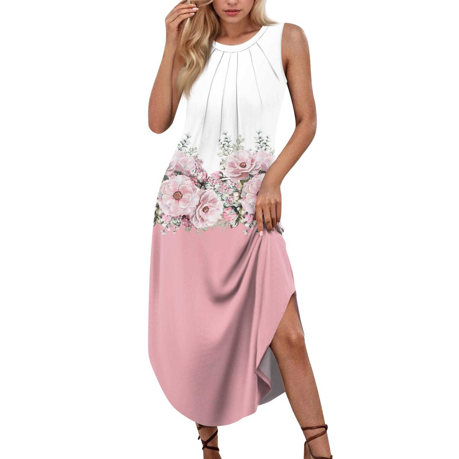 

Женские летние повседневные платья без рукавов с принтом и U-образным вырезом S розовый