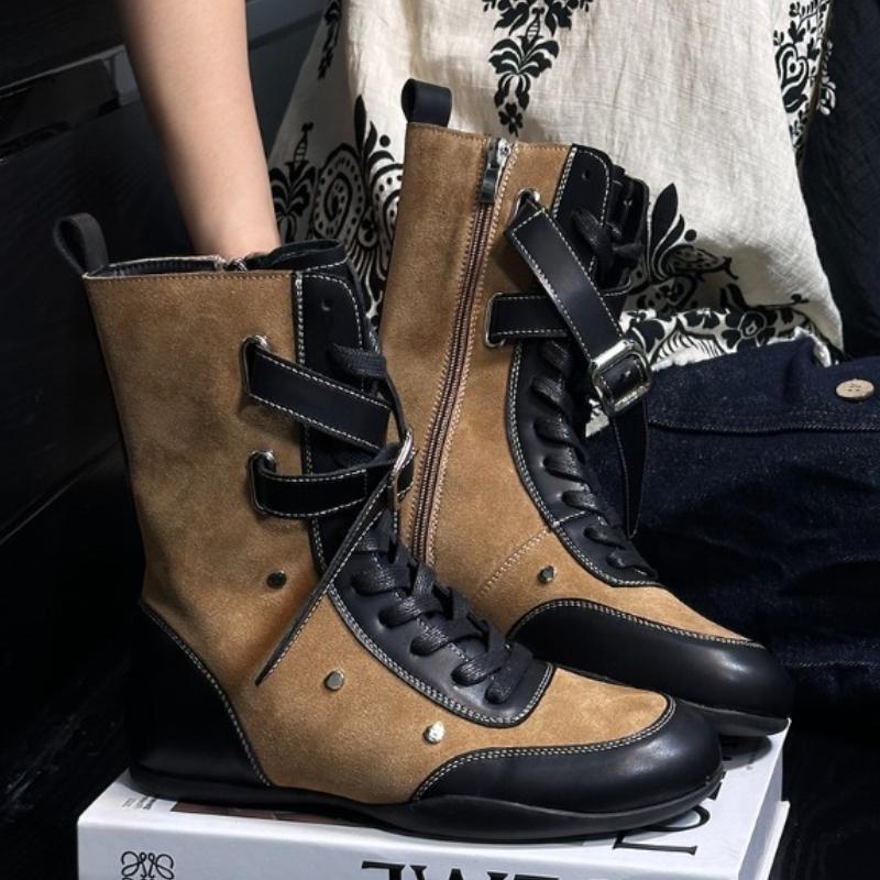 Fashion Design Sensation Boxing  Boots 2025 New Fashion Side Zipper Haome Mid-Calf Dequn Women's Boots Trendy Cross Bule