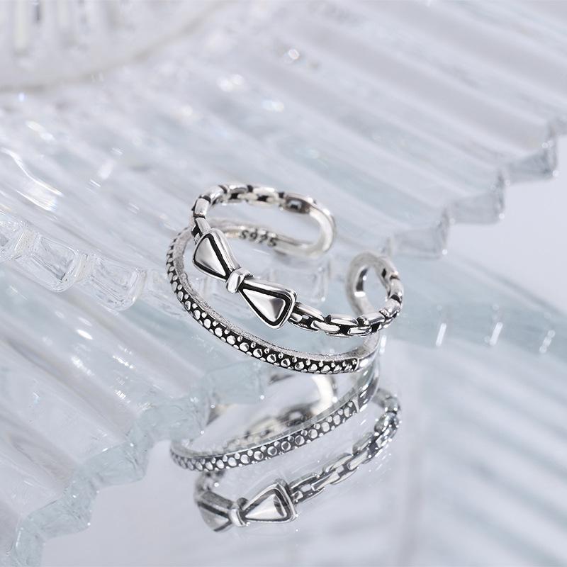 New Retro Chain Double Bow 925 Sterling Silver Temperament Personality Sweet Hot Girl Opening Rings TYB022