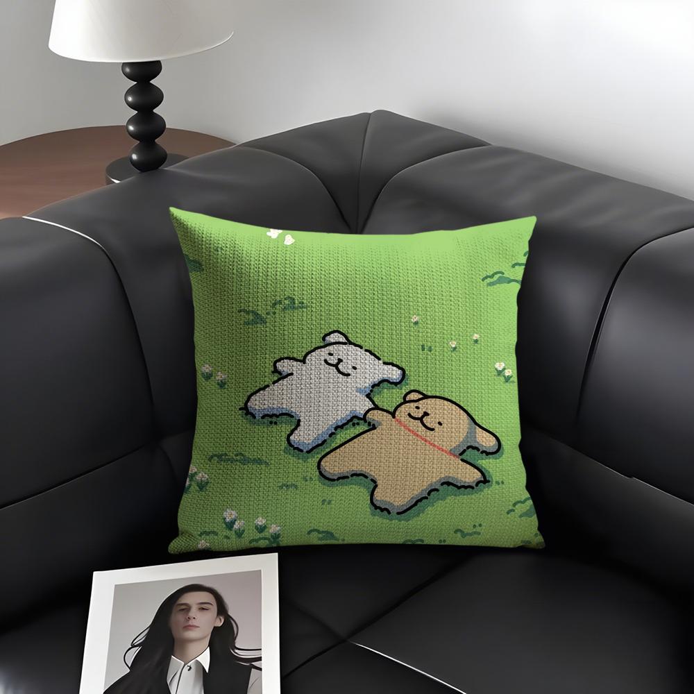 Cute Lover Korean Line P-Puppy Cushion Cover Natural Linen Organic Fabric Double-Sided Printing Sofa Home Decor Gift Pillow Case