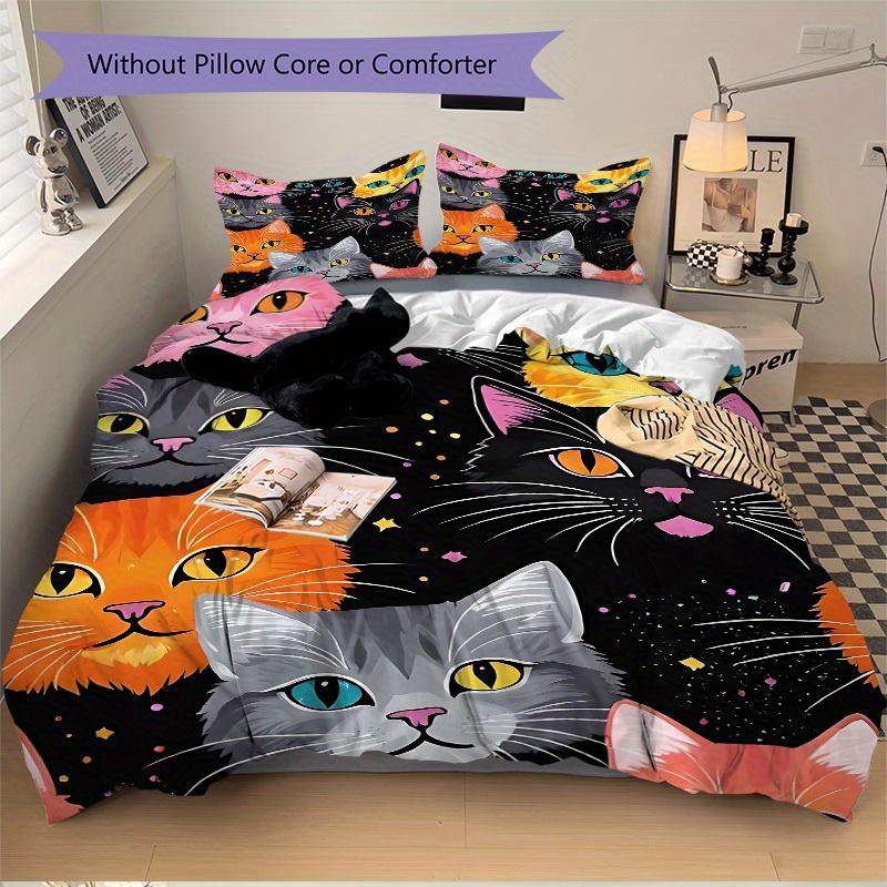 3Pcs Colorful Cats Printed Bedding Set, Breathable And Soft,(Includes 1 Duvet Cover And 2 Pillowcases, Quilt Not Included) yy250815147