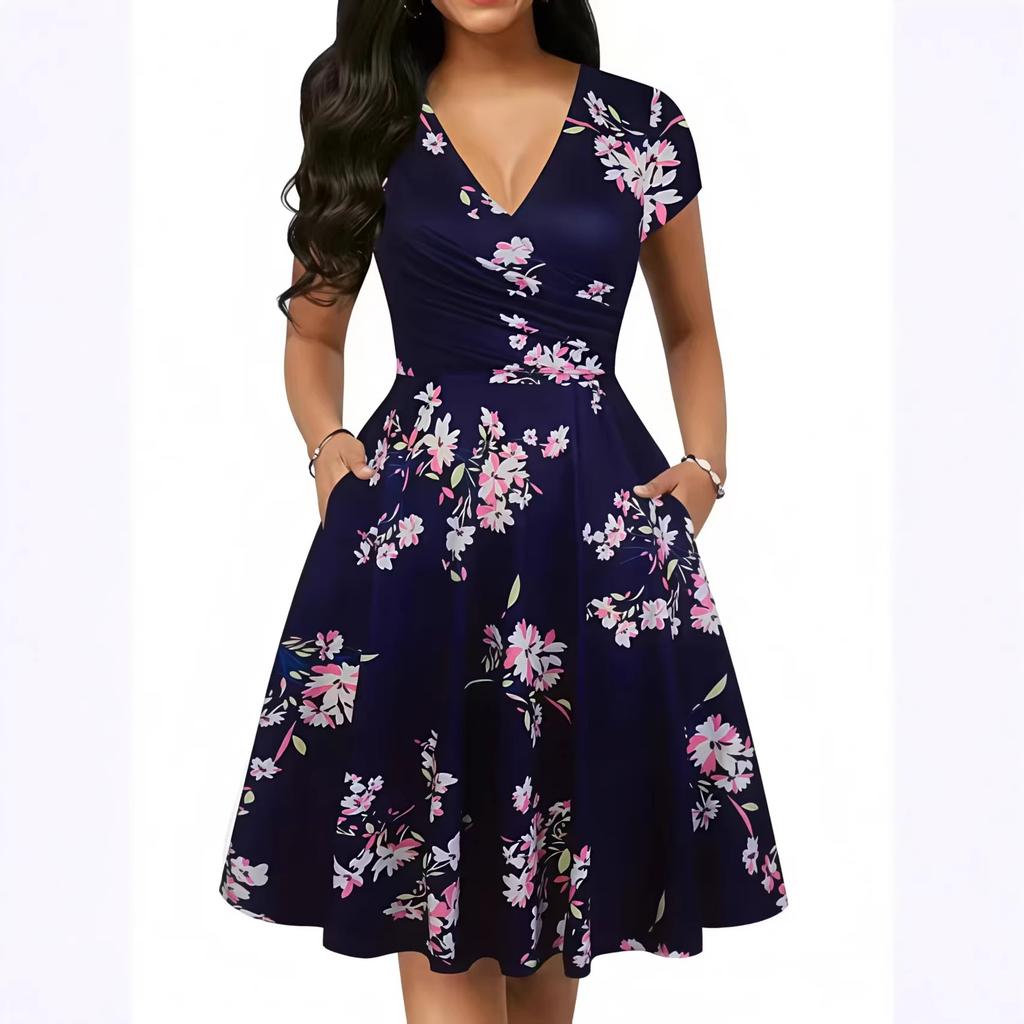 Women Dress Summer Round Neck Pocket Short-sleeved Popular Printed Long Skirt Elegant Dress