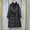 Women's Winter Autumn Hooded White Duck Down Jacket Coat Loose Long Solid Color Big Pocket Belt Waist Down Coat
