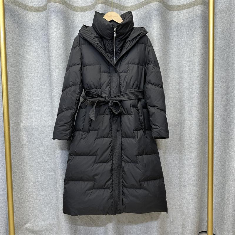 Women's Winter Autumn Hooded White Duck Down Jacket Coat Loose Long Solid Color Big Pocket Belt Waist Down Coat