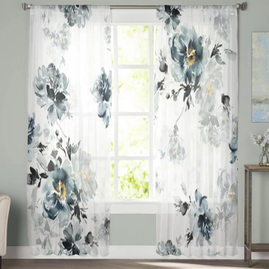 Tende trasparenti con fiori ad acquerello estivi, tende in voile per camera da letto, tende trasparenti per finestre del soggiorno, tende in tulle per cucina