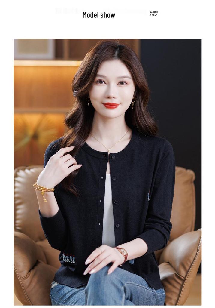 Mulberry Silk Wool Three-Dimensional Embroidery Round Neck Women's Casual Knit Cardigan