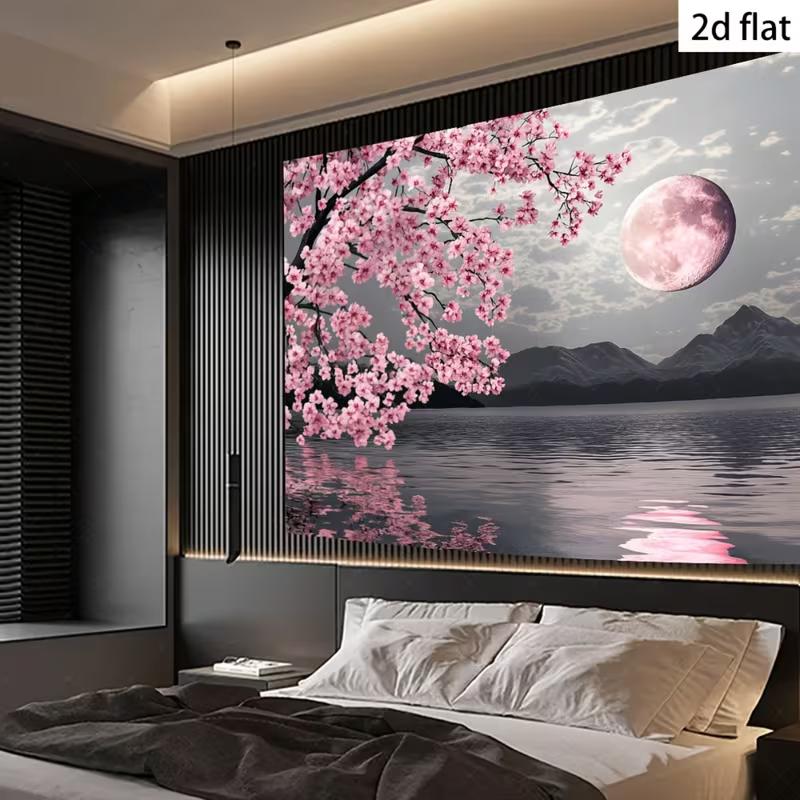 2D Cherry Blossom Full Moon Backdrop Lake Mountain Background