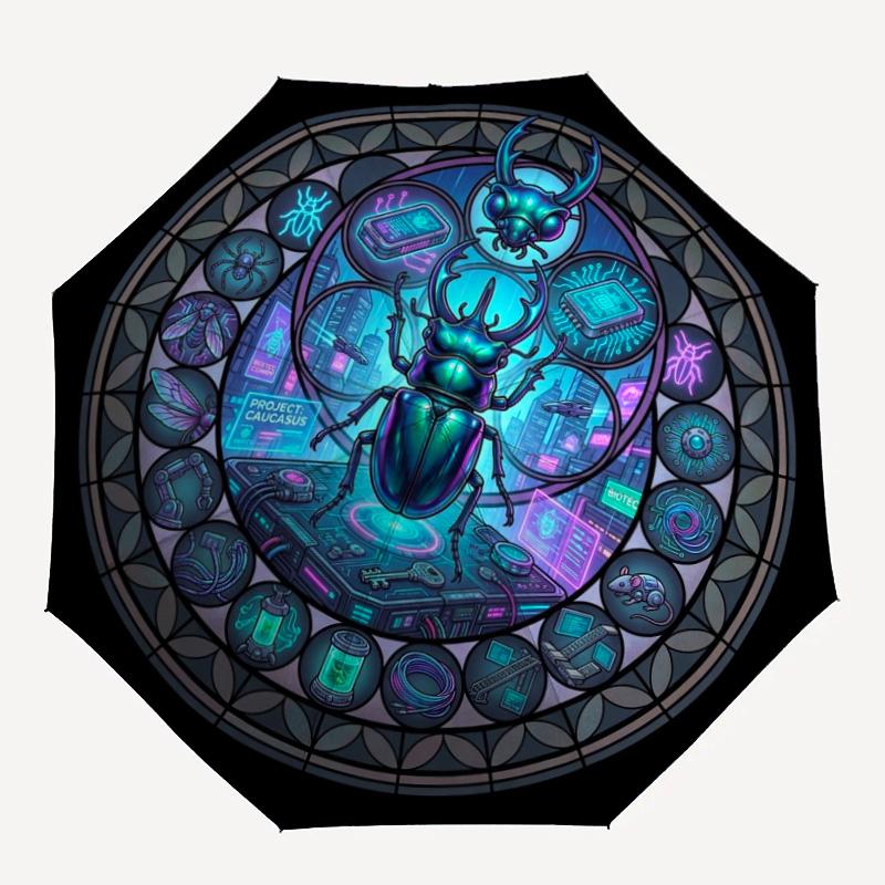Cybernetic Beetle Project pattern umbrella, portable and foldable design, 8 ribs, a casual accessory for Halloween, Christmas, and birthday gifts.