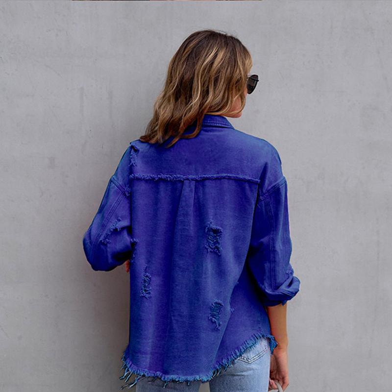 Jachetă din denim de lungime medie pentru femei, cu găuri cu margine brută, toamnă și iarnă, cu mâneci lungi, casual cu revere