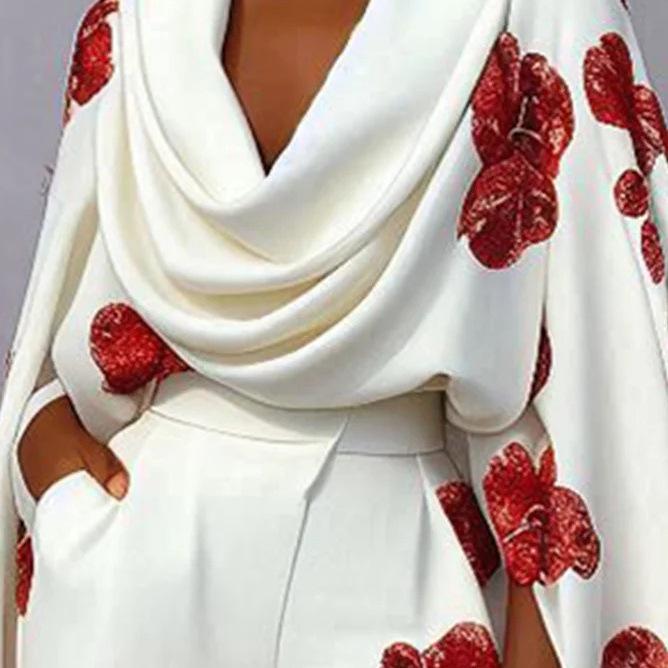 Women's Stacked Neck Long Sleeve Print Two-Piece Set