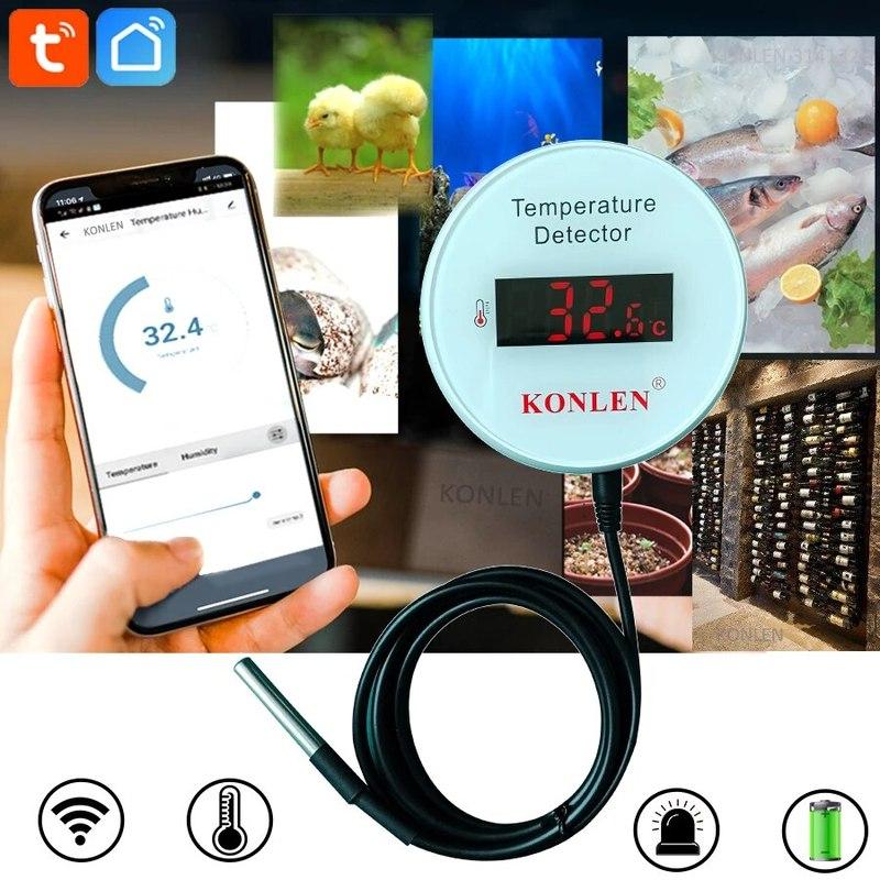

KONLEN Tuya Wifi Temperature Sensor 3m Probe Wire Digital Thermometer Smart Life Home Water Pool Freezer Thermostat Remote Alarm with EU power plug