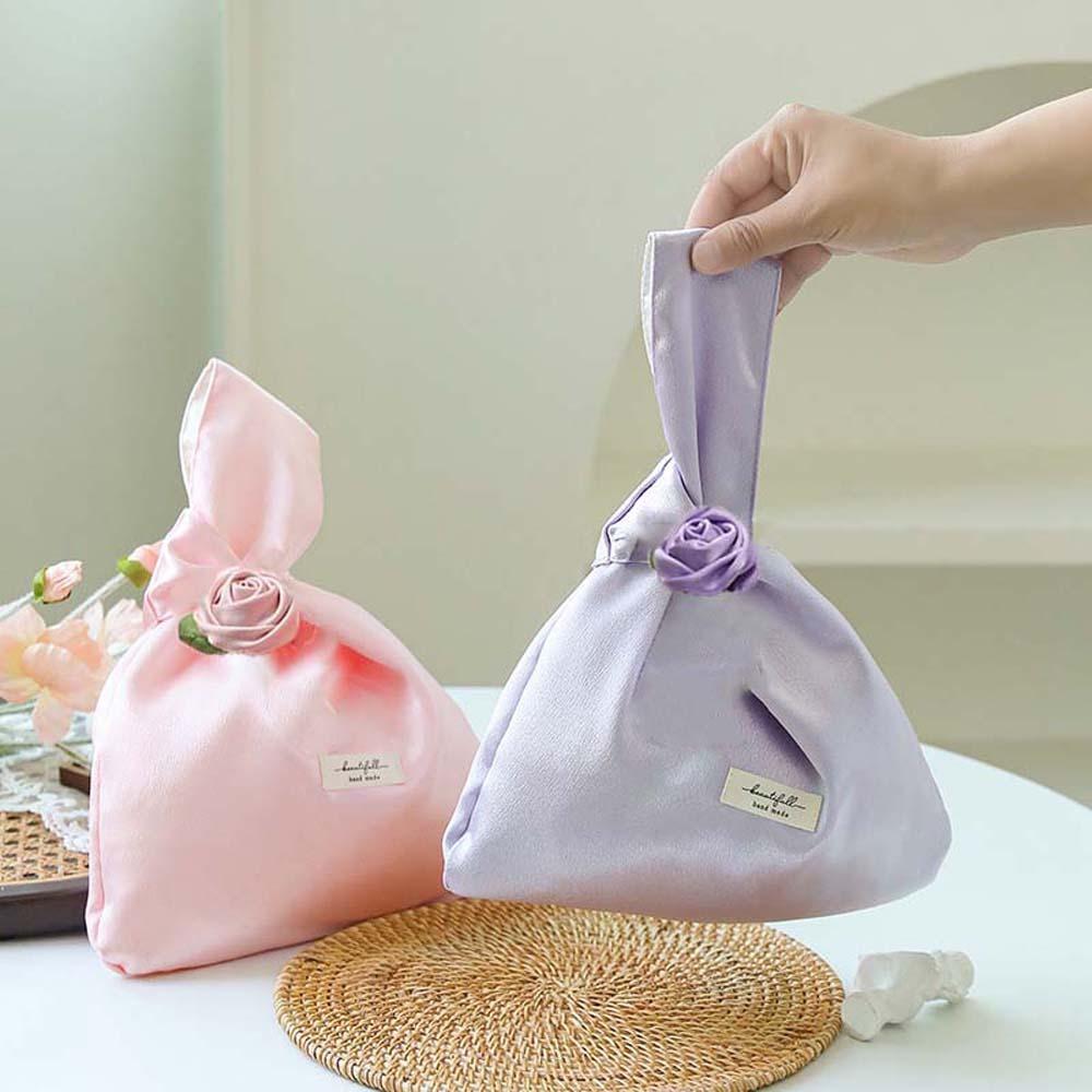 Satinros Handväska Elegant Handväska Hanfu-tillbehör Presentpåse för Godis Brud