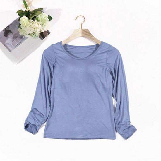 Modal Cup Integrated Long-Sleeve Women's Korean-Style Loose Pajama Top with Chest Pad