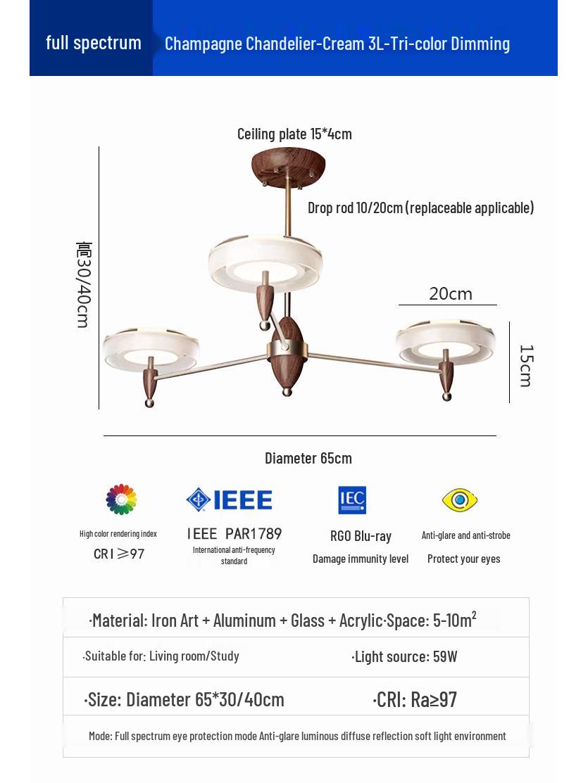 

French Vintage Style Modern Minimalist Chandelier for Dining, Study, Bedroom, or Aisle Eye Protection No Flicker - Three Colors Light