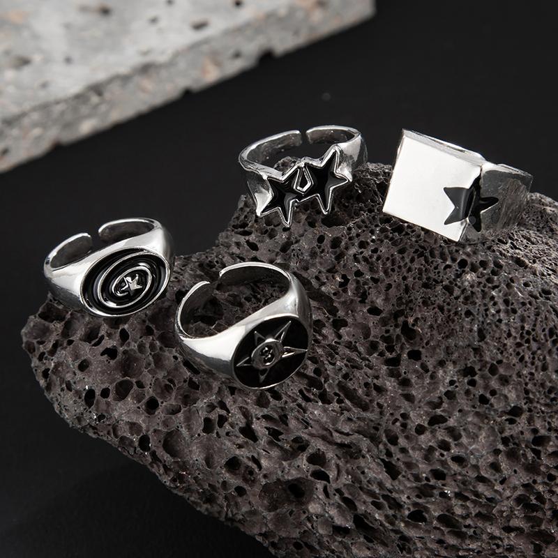 4 Stück/Set Schwarze Fünfzackige Sterne Breite Ringe Für Männer Hiphop Silberfarben Geometrisch Dicke Öffnende Fingerringe Sets Schmuck Geschenke