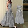 Cross-Border European and American Summer New Striped Spaghetti Strap Dress for Women, Elegant Waist-Cinching Off-Shoulder Tube Top Long Dress