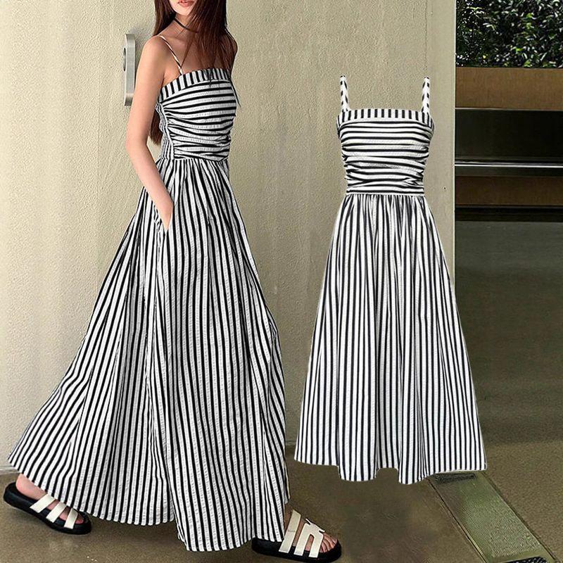 Cross-Border European and American Summer New Striped Spaghetti Strap Dress for Women, Elegant Waist-Cinching Off-Shoulder Tube Top Long Dress