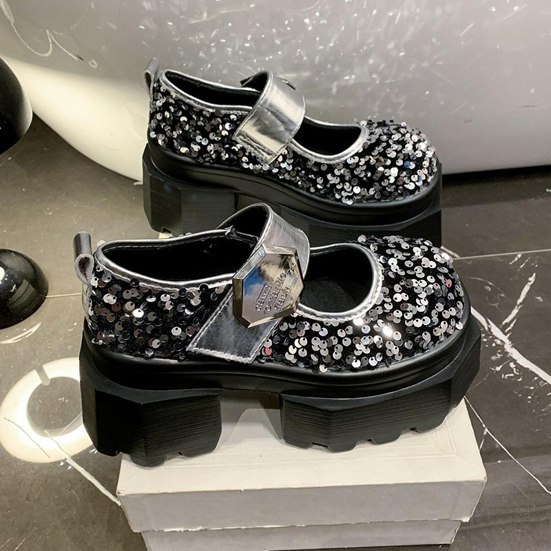 Fashion 8CM Blingbling Leather Chunky Heels Pumps Spring Summer Ankle Boots Mary Jane Chunky Heels comfort Platform Women Shoes