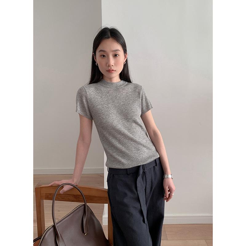 CLEAN SPACE Women's Wool Blend Knitted T-Shirt, Spring 2025 Collection, Short Sleeve, Thirteen Rows Design