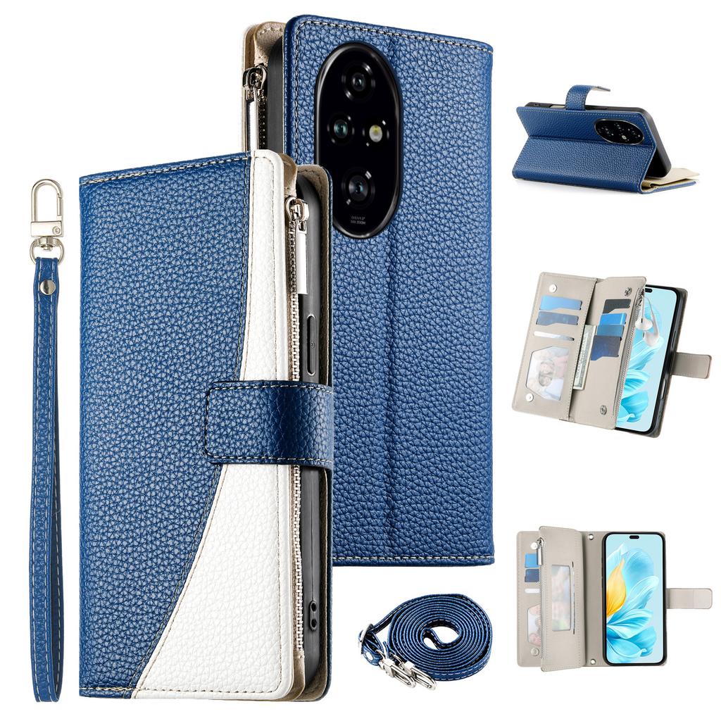 For Honor 200 Pro 5G Case Zipper Wallet Color Splicing Leather Flip Phone Cover with Straps