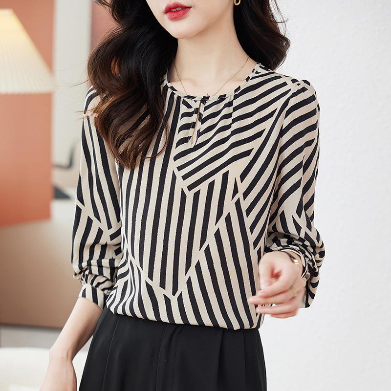 

Женская шелковая рубашка с длинным рукавом, новый весенний топ из шелка тутового дерева, полосатая рубашка M