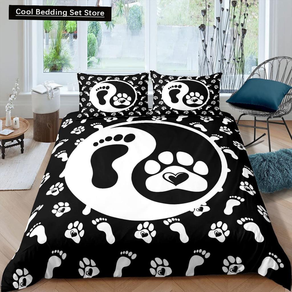 Svart Hundtass Kung Drottning Påslakan Valptassar Sängkläder Set Katt tass Rött Hjärta Kärlek Påslakan Mikrofiber Täckeöverdrag