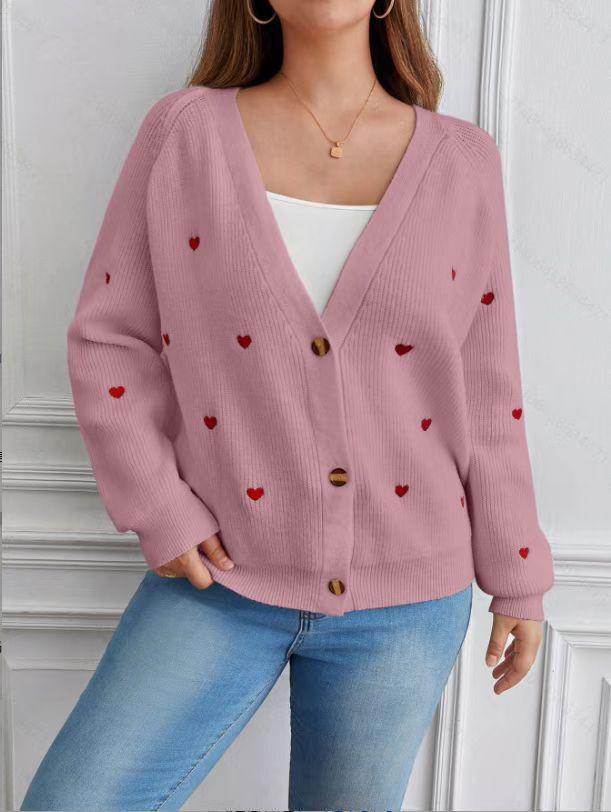 love embroidered knitted sweater jacket, European, American autumn and winter single-breasted V-neck hair