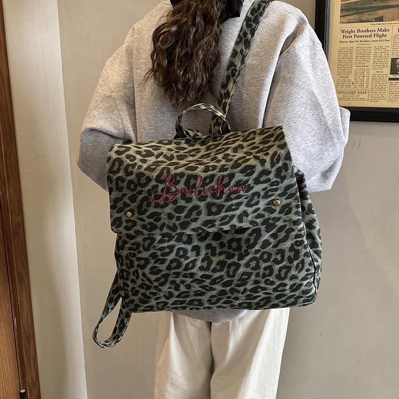 

Рюкзак с леопардовым принтом, женский, модный, нишевый дизайн, студенческая сумка для занятий, холщовая ретро сумка-тоут, дорожный рюкзак зелёный