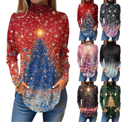 Koszulki damskie, jesienne, codzienne koszule z długim rękawem Bluza z nadrukiem w stylu vintage, sweter z wysokim dekoltem