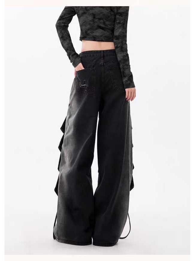 Retro Women's Wide-Leg Multi-Pocket Workwear Jeans