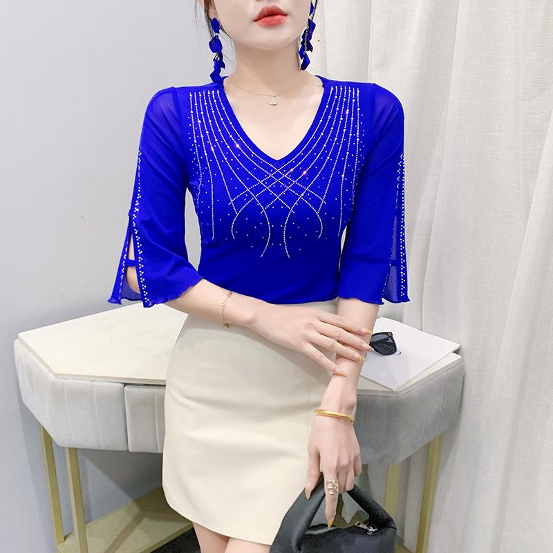 2025 Summer Mesh Diamond Slim Three-Quarter Sleeve Women's Fashion T-Shirt