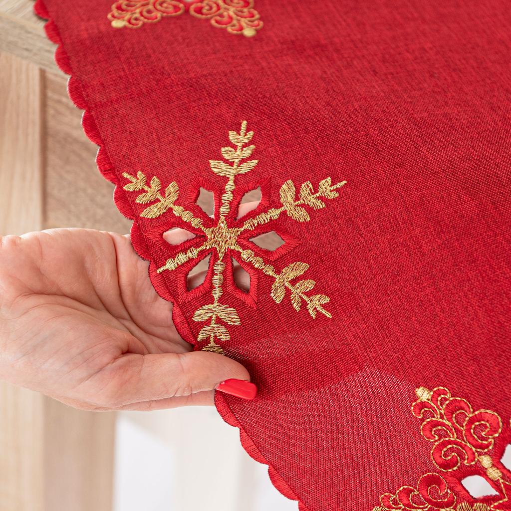 Shiny Snowflakes - Table Runner with Embroidery - Red -