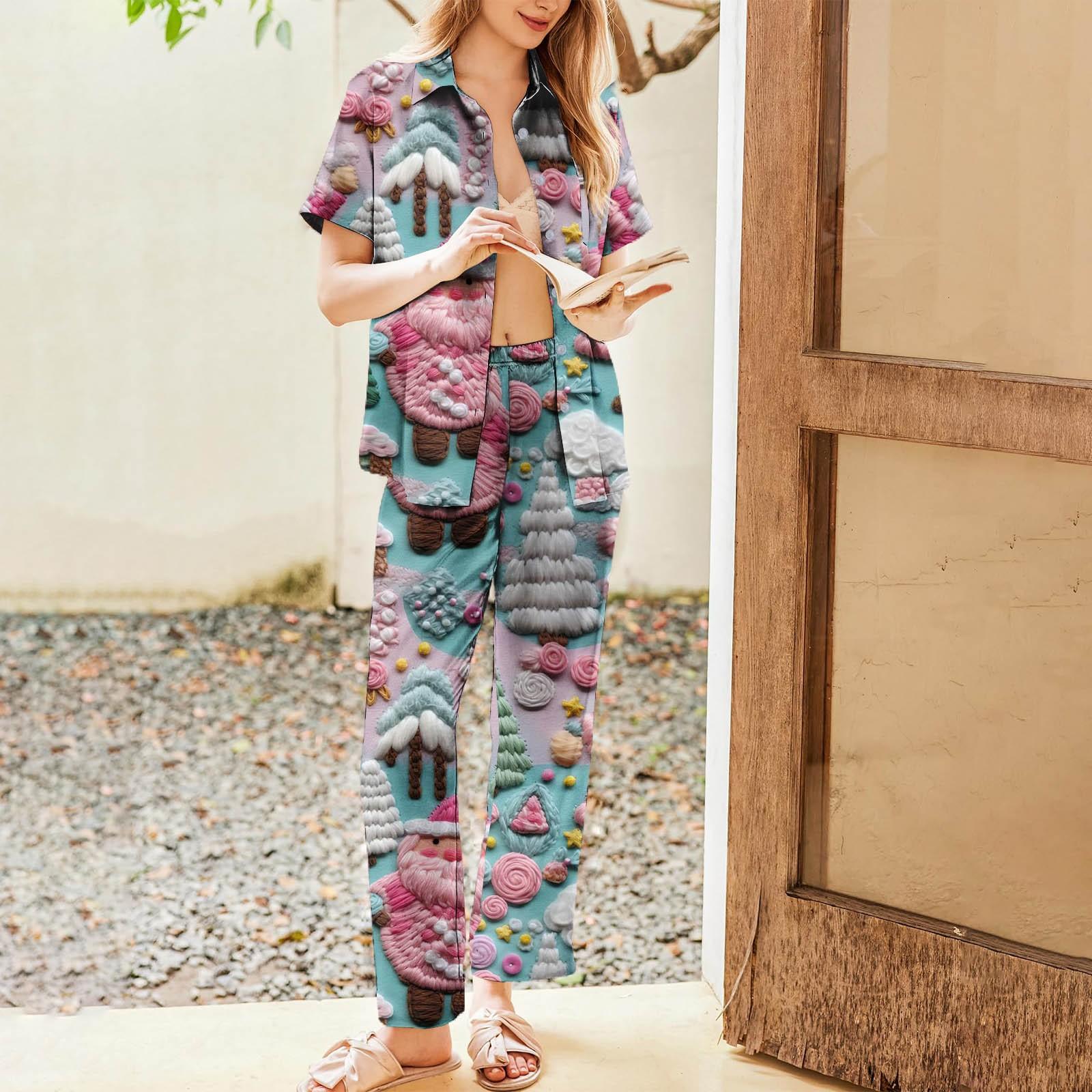 

Женский рождественский пижамный комплект с принтом, женские короткие рукава, длинные брюки, комплект из двух предметов, застегивающийся на пуговицы, домашняя одежда XL розовый