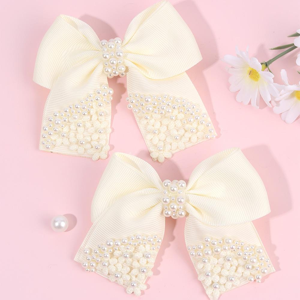 

2 шт. Новые заколки для волос с цветком и бантом, элегантные заколки для волос с лентами и жемчугом, цветочная заколка-автомат для девочек, детей, школьниц, аксессуары для головного убора