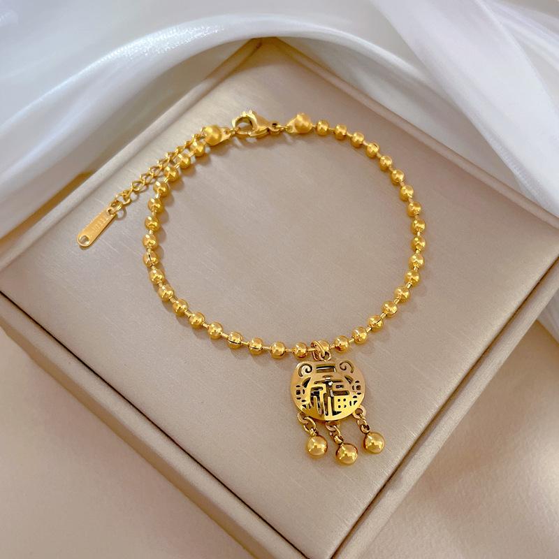Titanium Steel Dongmen Personality Temperament Mori Fu Character Long Life Lock Round Bead Bracelet Female Retro Gui