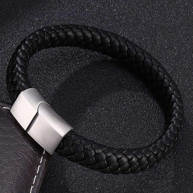 Punk Men Bracelet Bangles Black Brown Leather Bracelet Male Stainless Steel Clasp Fashion Wristband Gift