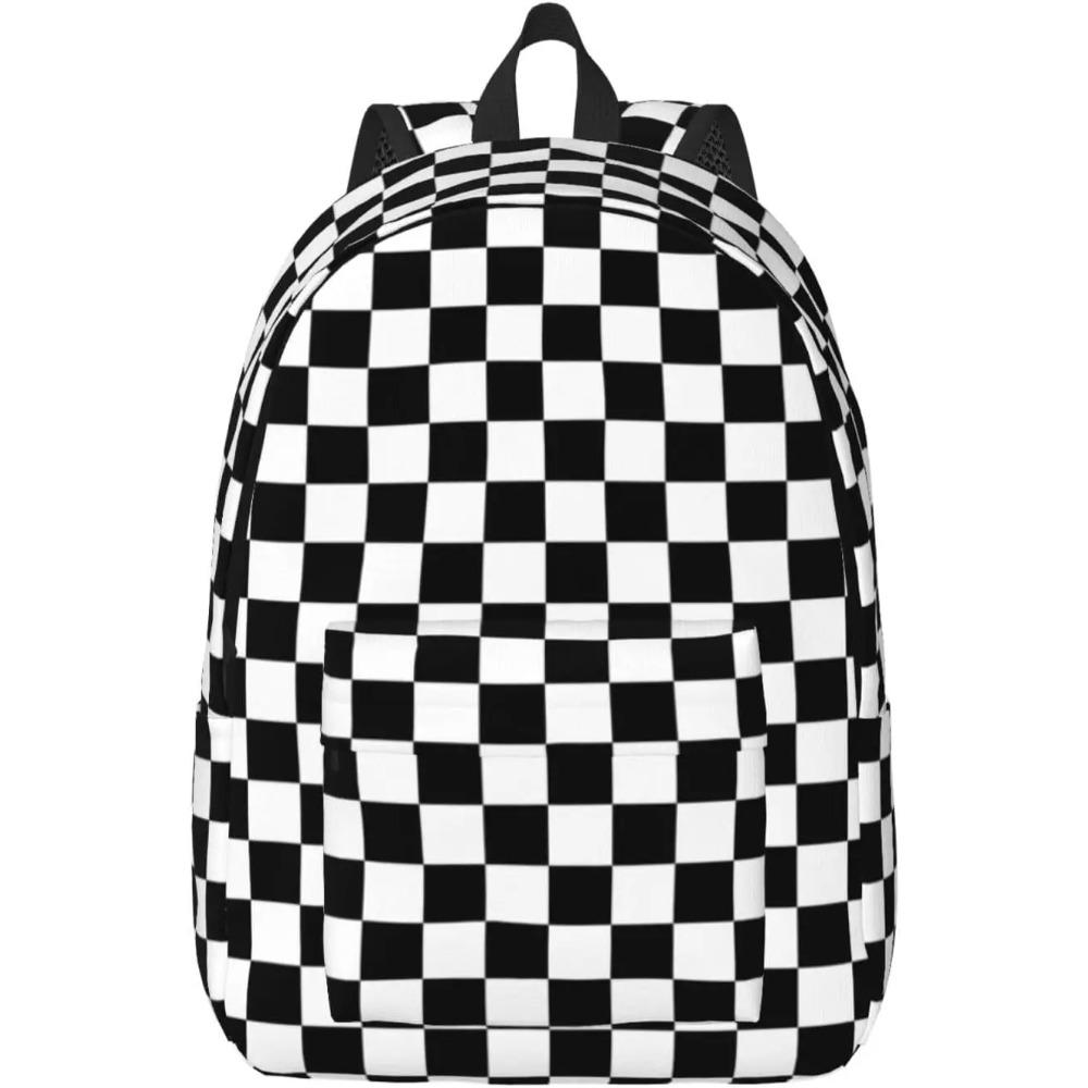 Einfacher Schwarz-Weiß karierter Rucksack Leichte Leinwand-Schultasche für Mädchen Jungen